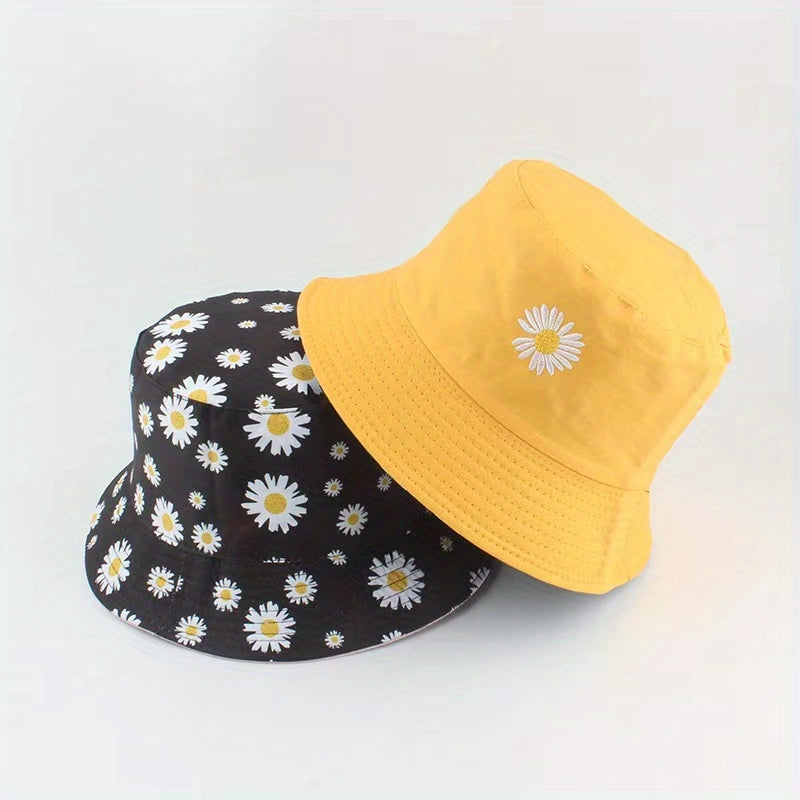 Reversible Daisy Embroidery Bucket Hat Solid Basin Hat Lightweight