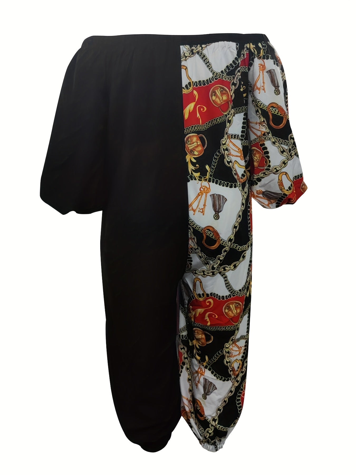  Colorblock Chain Print Off Shoulder Jumpsuit