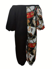  Colorblock Chain Print Off Shoulder Jumpsuit