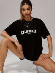Solid Letter And Number Print T Shirt Crew Neck Short Sleeve Casual Top
