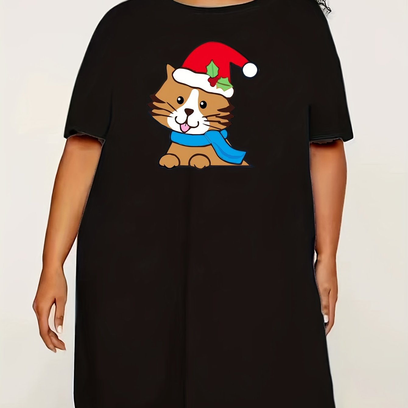  Christmas Cat Print Lounge Dress with Santa Hat