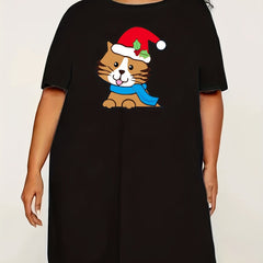  Christmas Cat Print Lounge Dress with Santa Hat