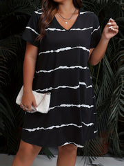  Casual V-Neck Dress Colorblock Stripe Short Sleeve
