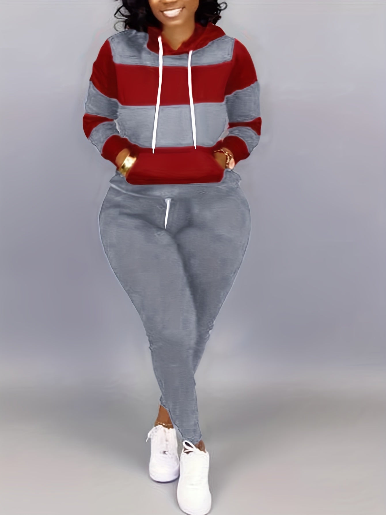 Women's Plus Colorblock Stripe Print Hoodie & Joggers Set