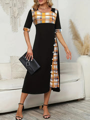 Plaid Print Splicing Dress Casual Crew Neck Short Sleeve Summer Asymmetrical Dre