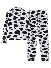 Cow Print Pajama Set Long Sleeve Top & Pants Women's Sleepwear
