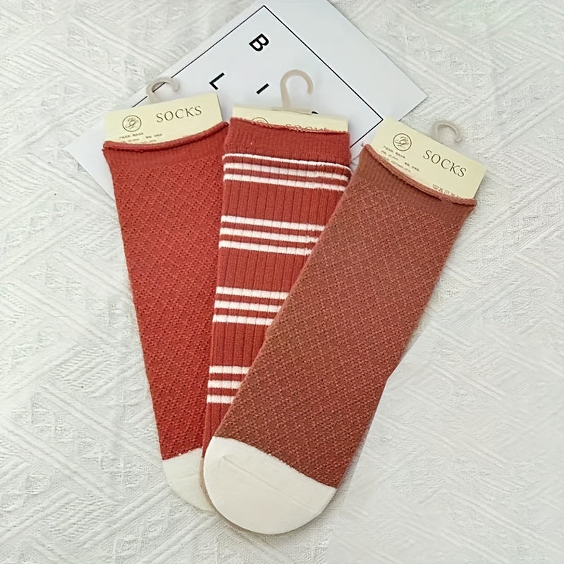 3 Pairs Striped Floor Socks Warm Mid Tube Women's Stockings