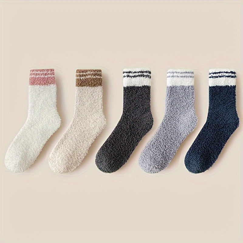 5 Pairs Striped Fuzzy Socks Comfy & Warm Women's Stockings