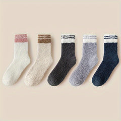5 Pairs Striped Fuzzy Socks Comfy & Warm Women's Stockings