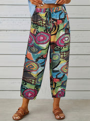  Floral Print Elastic Drawstring High Rise Slight Stretch Carrot Pants