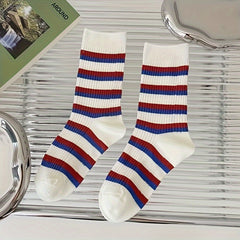 5 Pairs Colorblock Striped Socks Mid Tube Stockings