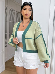  Colorblock Lantern Sleeve Cardigan