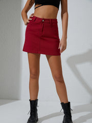 Red Mini Denim Skirt Zipper Button Closure Slash Pocket Mid Waist