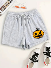  Pumpkin Print Tie Waist Pajama Shorts