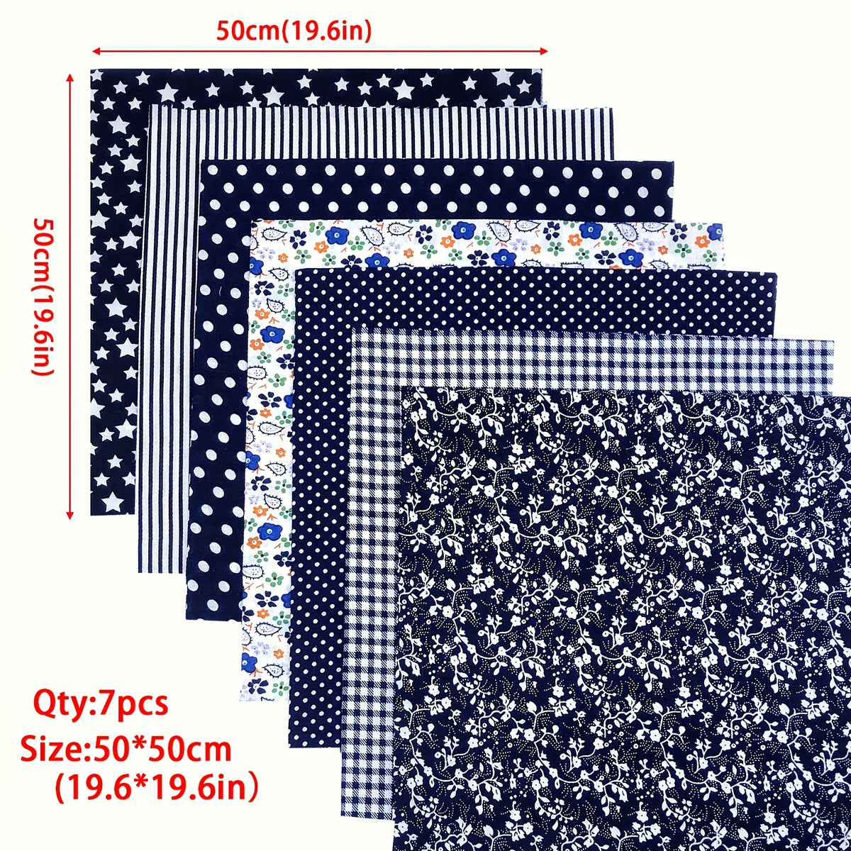 7pcs Navy Cotton Fabric Square Quilted Fabric Bundle Handcraft DIY Crafts