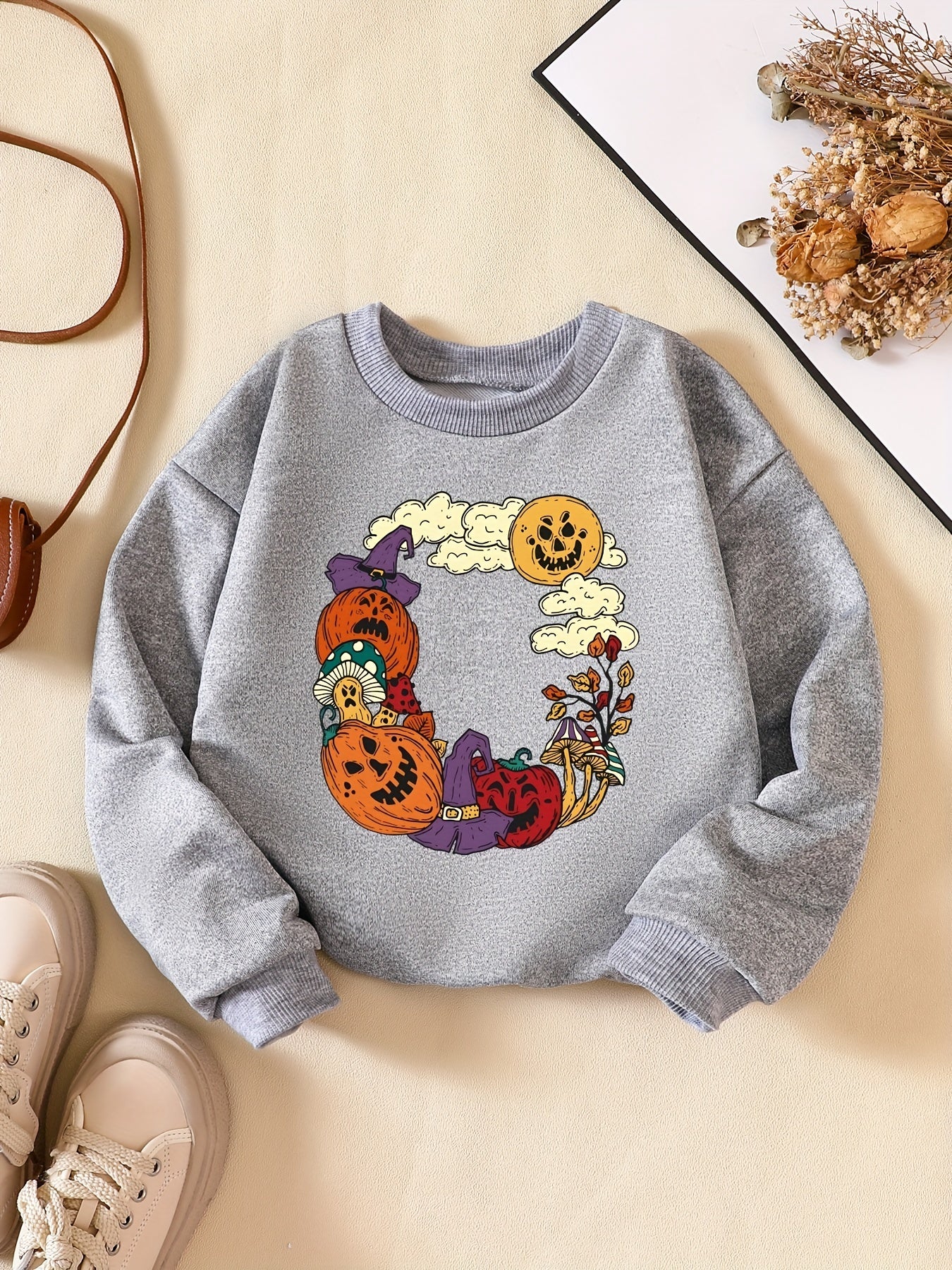 Girls' Halloween Element Print Crew Neck Sweatshirt Long Sleeve Pullovers