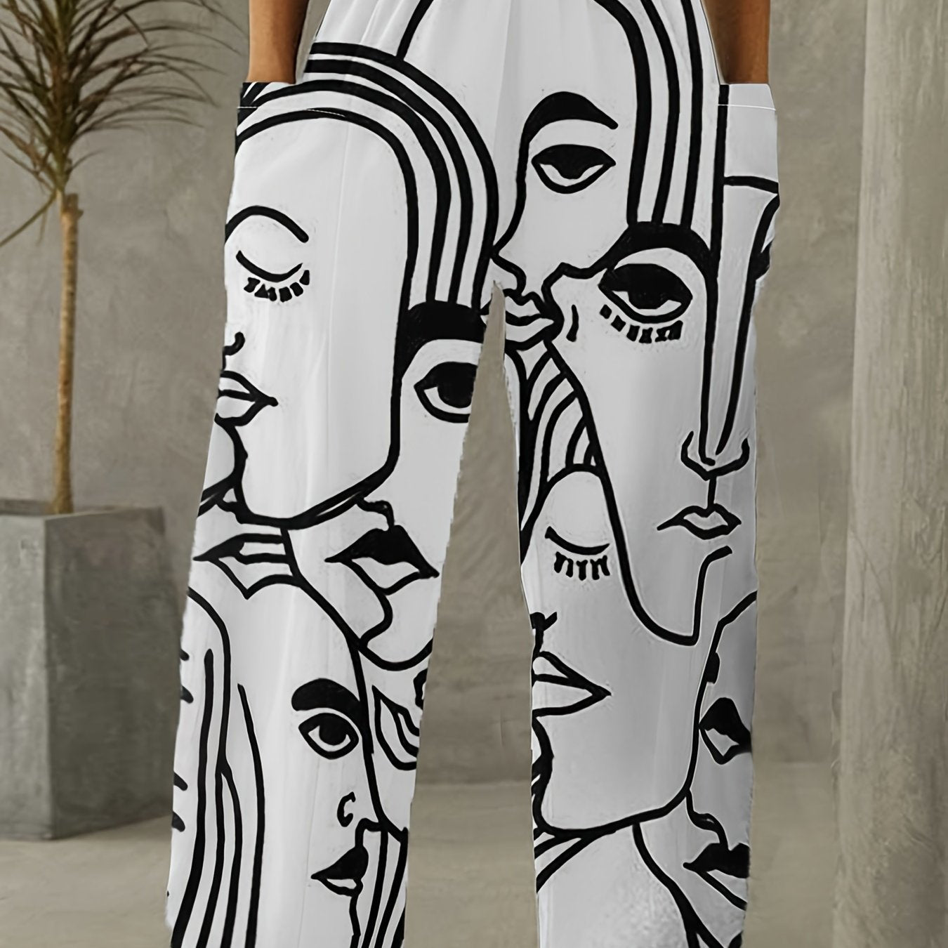  Casual Pants Women's Abstract Face Print Wide Leg Trousers