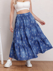  Floral Print Drawstring Elastic Maxi Skirt