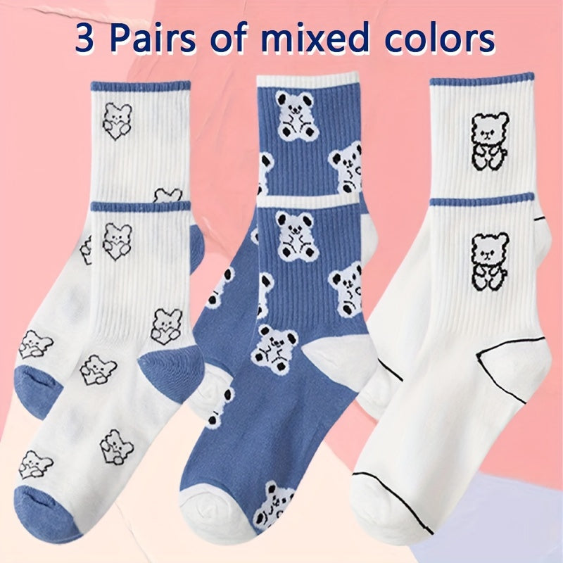 3 Pairs Bear & Plaid Print Socks Comfy & Mid Tube Socks Women's Stockings