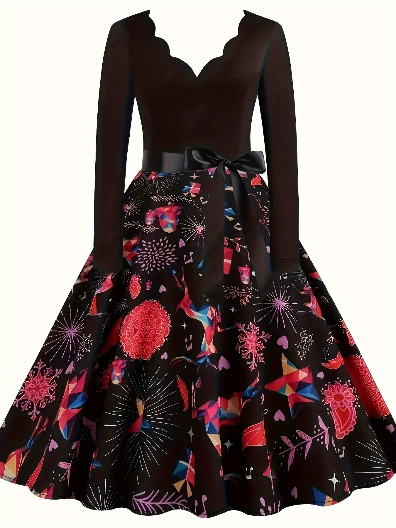  Colorblock Print V Neck Floral Trim Dress