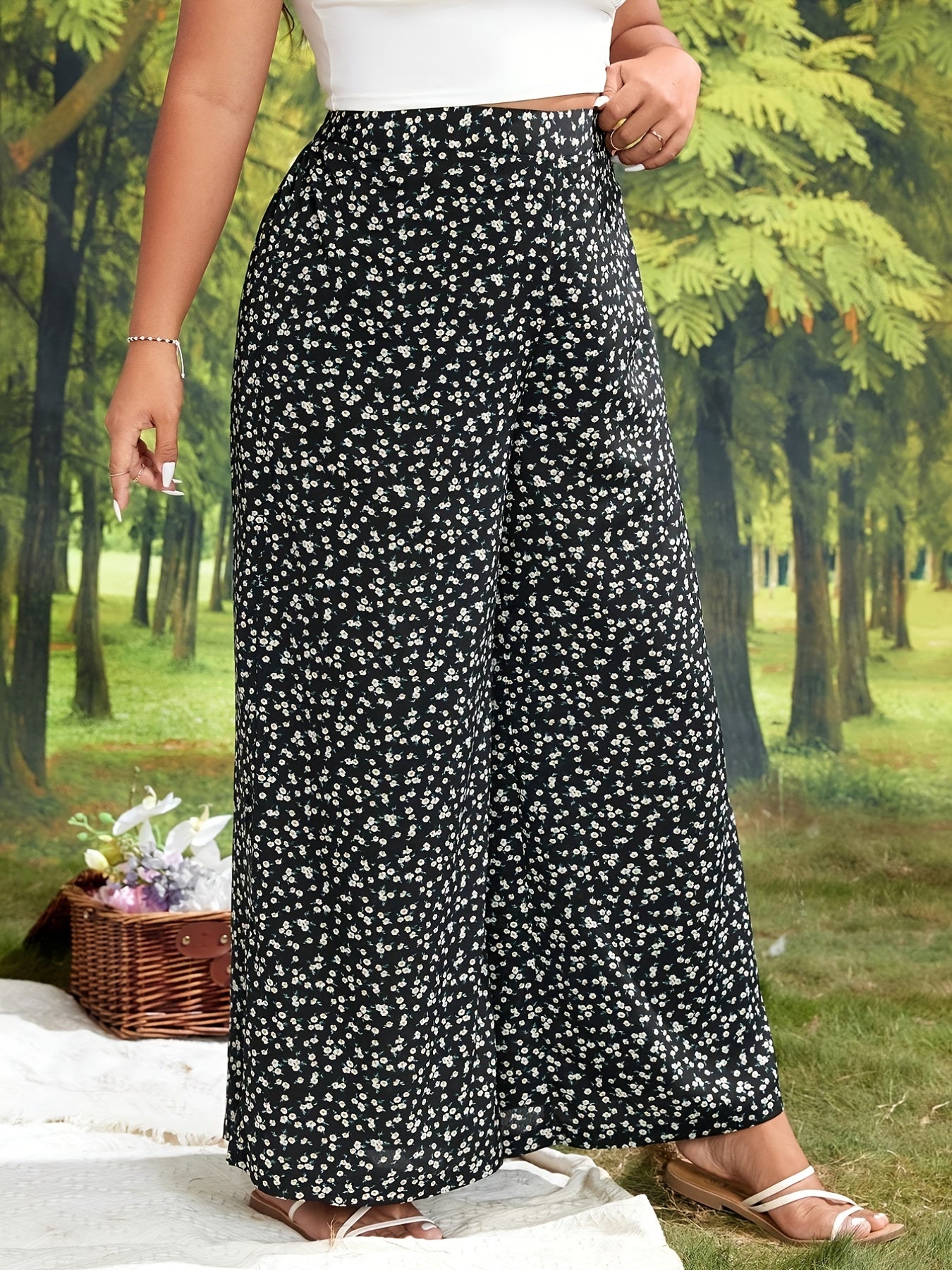  Wide Leg Trousers Elastic High Rise Floral Print Pants