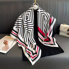 Striped Print Silk Square Scarf Women Head Wrap Sunscreen Shawl