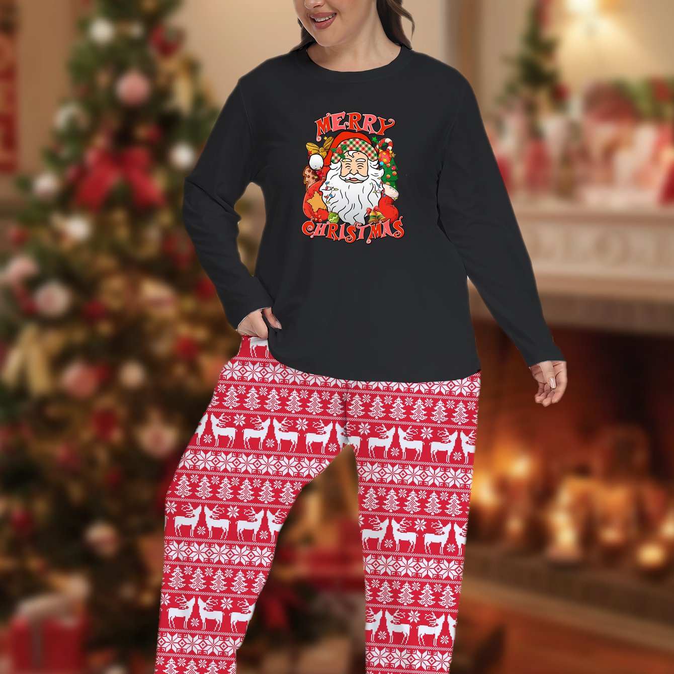  Santa Graphic Tee & Striped Pants Lounge Set