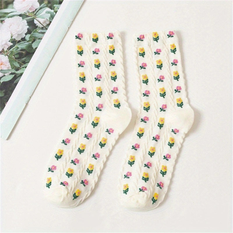 Floral Print Harajuku Style Mid Tube Socks Women's Stockings