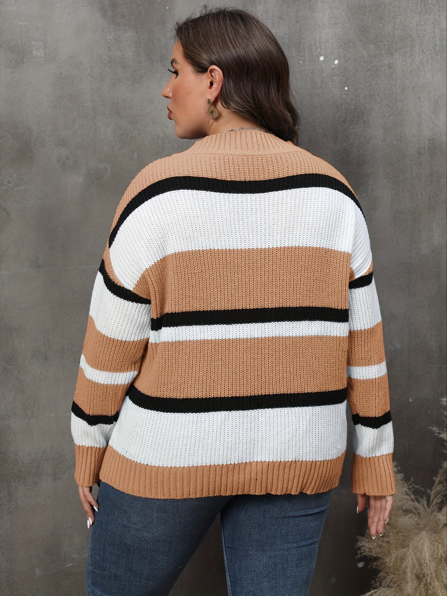  Colorblock V Neck Sweater Long Sleeve Stretch Jumper
