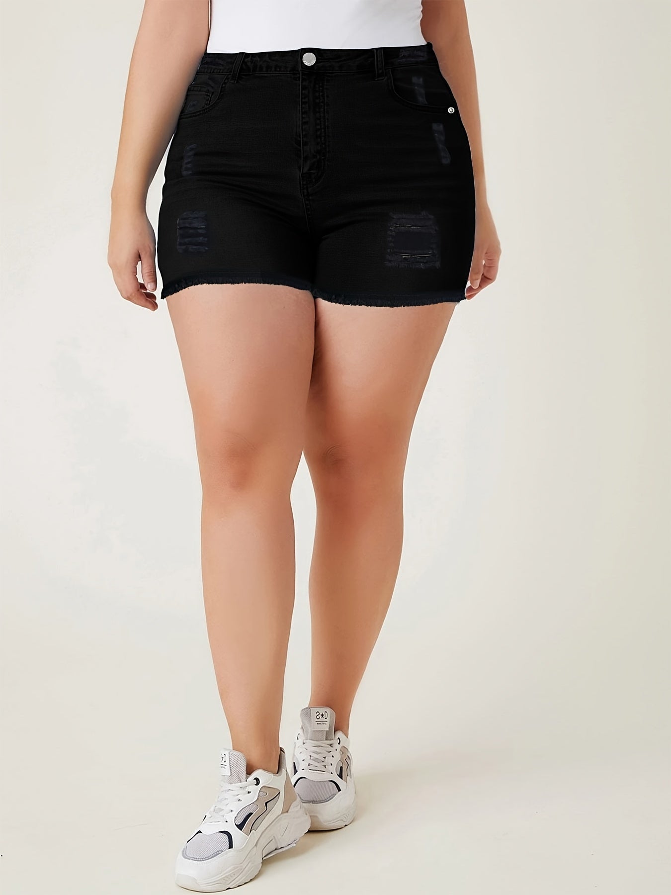  High Rise Button Fly Denim Shorts Women's Plus Ripped Denim Shorts