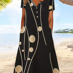  Stripe & Dots Print V Neck Dress with Pockets