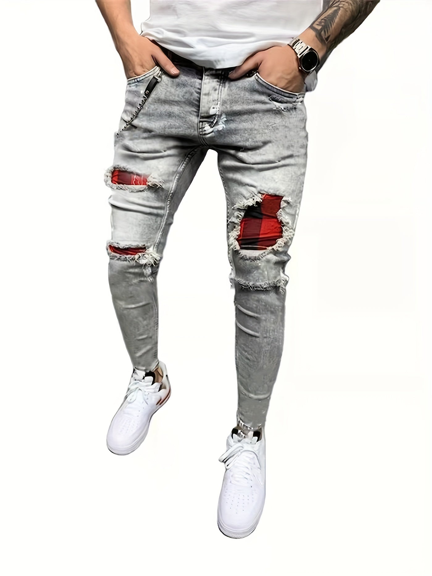 Mens Ripped Jeans Paint Splatter Chain Casual Street Style Denim Pants