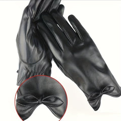 Solid Bow PU Gloves Warm Outdoor Coldproof Gloves