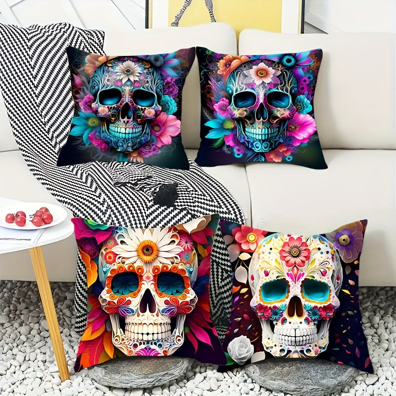 4Pcs Halloween Pillow Covers 45x45cm Skull Pillowcase Indoor Outdoor Couch Case