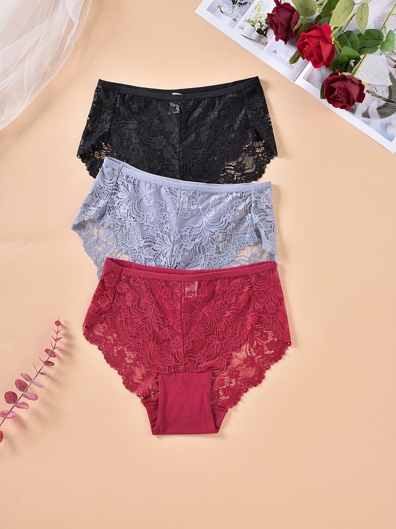 3pk Plus Size Floral Lace Stretchy Panties Set