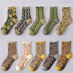 10 Pairs Floral Print Socks Mid Tube Stockings for Women