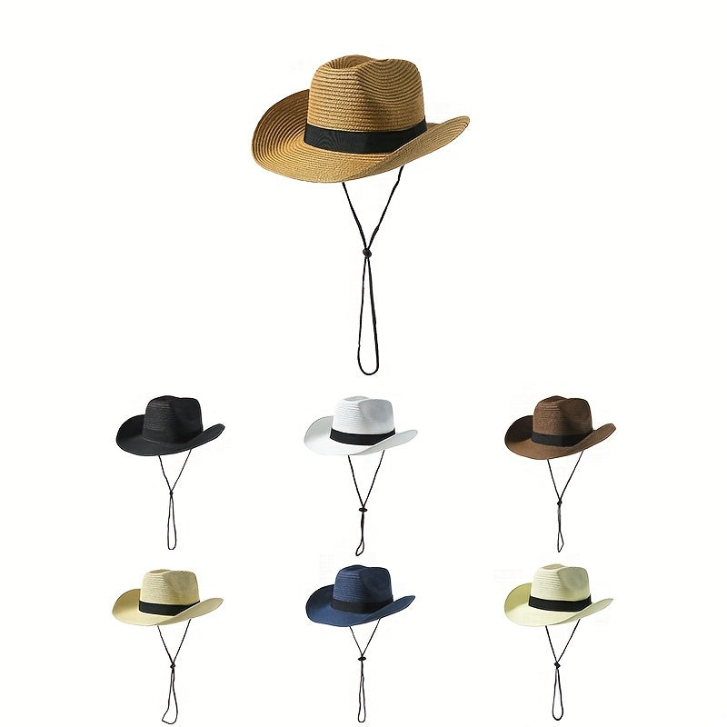 Unisex Western Cowboy Straw Hat Rolled Brim Sunscreen Sun Hat