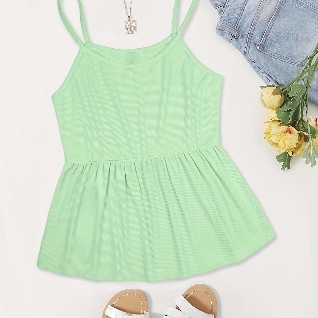  Casual Cami Top Solid Round Neck Slight Stretch
