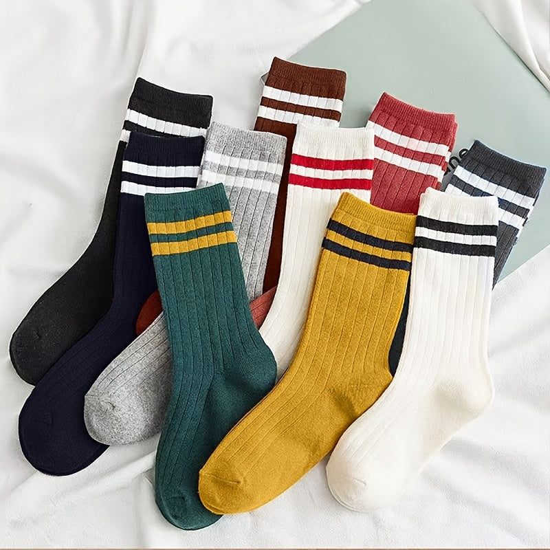 10 Pairs Men's Vertical Striped Crew Socks - Comfortable & Breathable