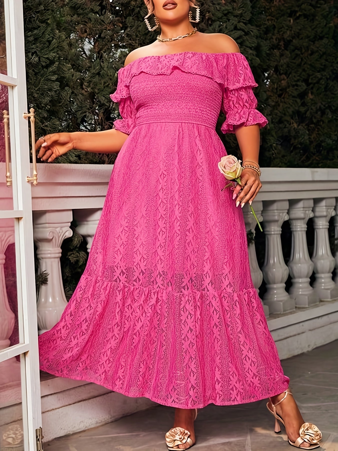  Lace Ruffle Off Shoulder Maxi Smock Dress