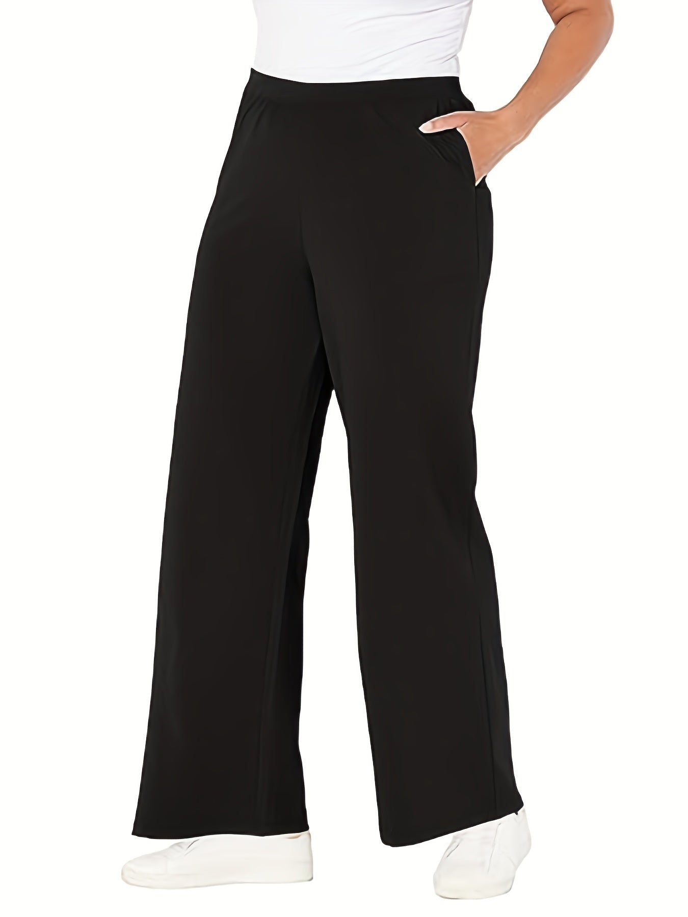  Solid Straight Wide Leg Stretch Loose Trousers With Pockets