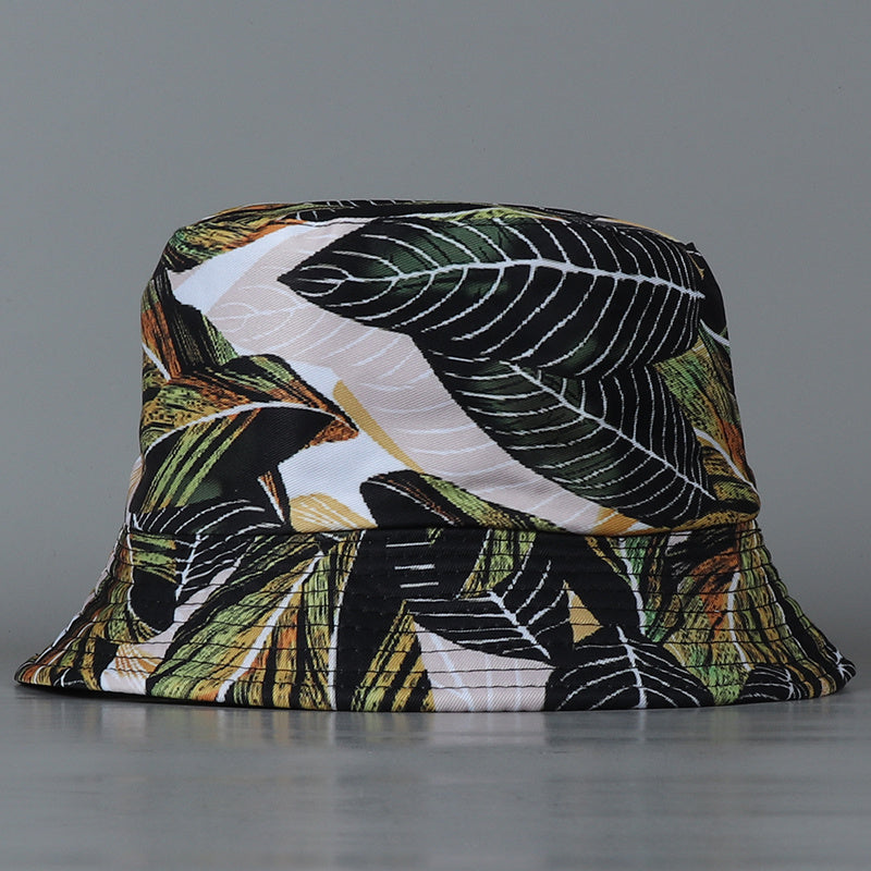 Dark Green Reversible Bucket Hat Beige Large Leaf Lightweight Fisherman Cap