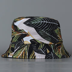 Dark Green Reversible Bucket Hat Beige Large Leaf Lightweight Fisherman Cap