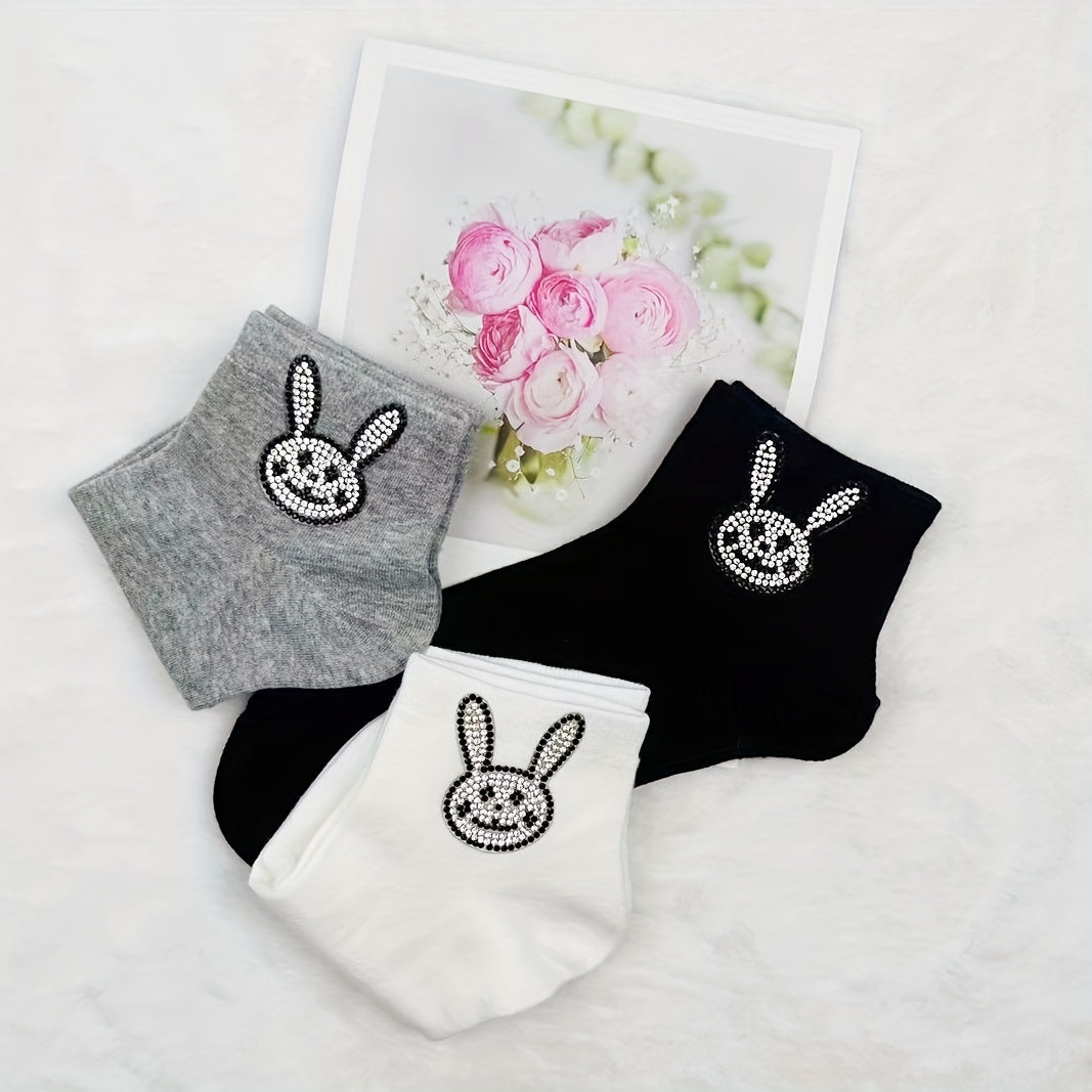 5 Pairs Bunny Rhinestone Socks Cute & Comfortable Crew Short Socks