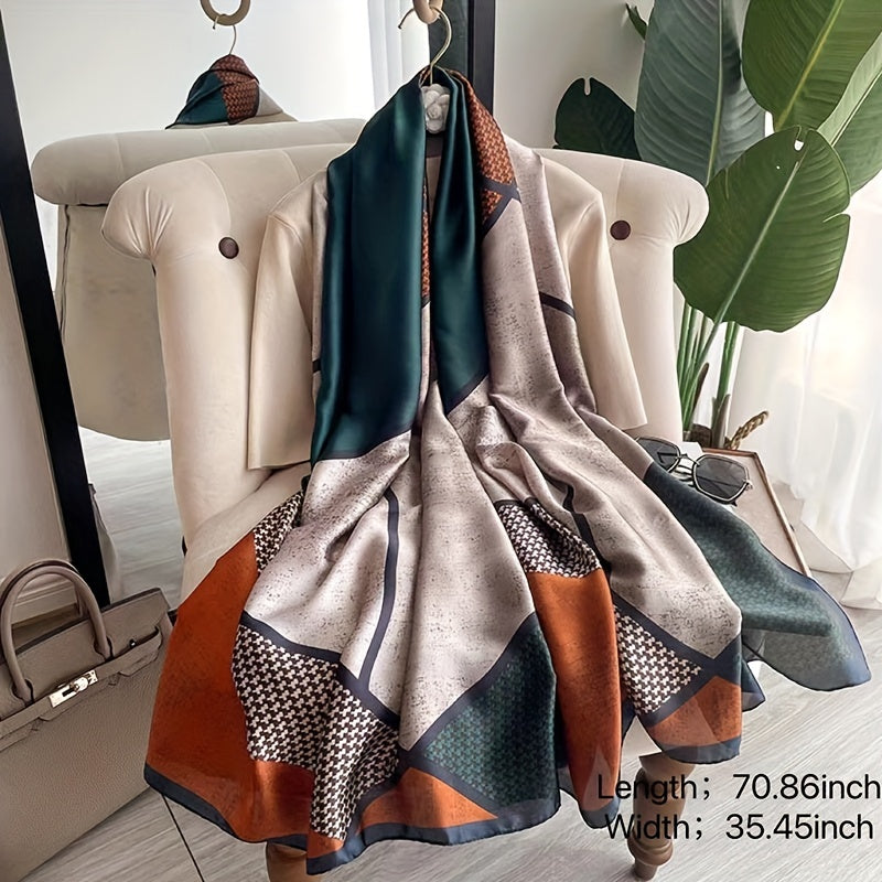 Geometric Print Large Satin Scarf Block Shawl Silk Windproof Head Wrap