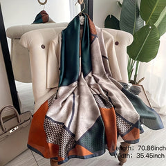 Geometric Print Large Satin Scarf Block Shawl Silk Windproof Head Wrap