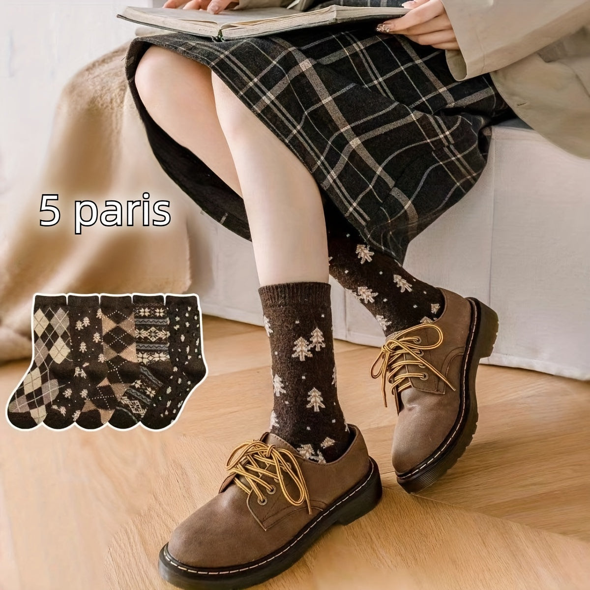 5 Pairs Argyle & Leopard Socks Mid Tube Women's Stockings