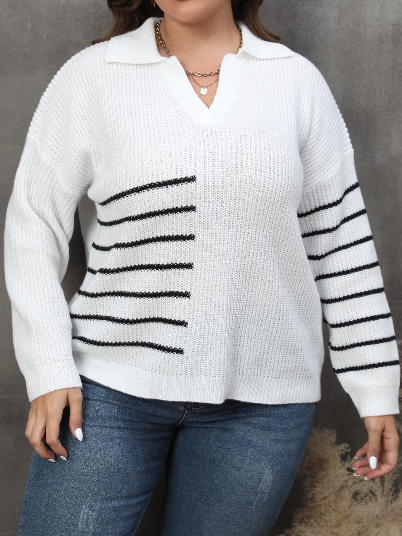  Striped Long Sleeve Polo Neck Casual Sweater
