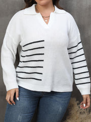  Striped Long Sleeve Polo Neck Casual Sweater