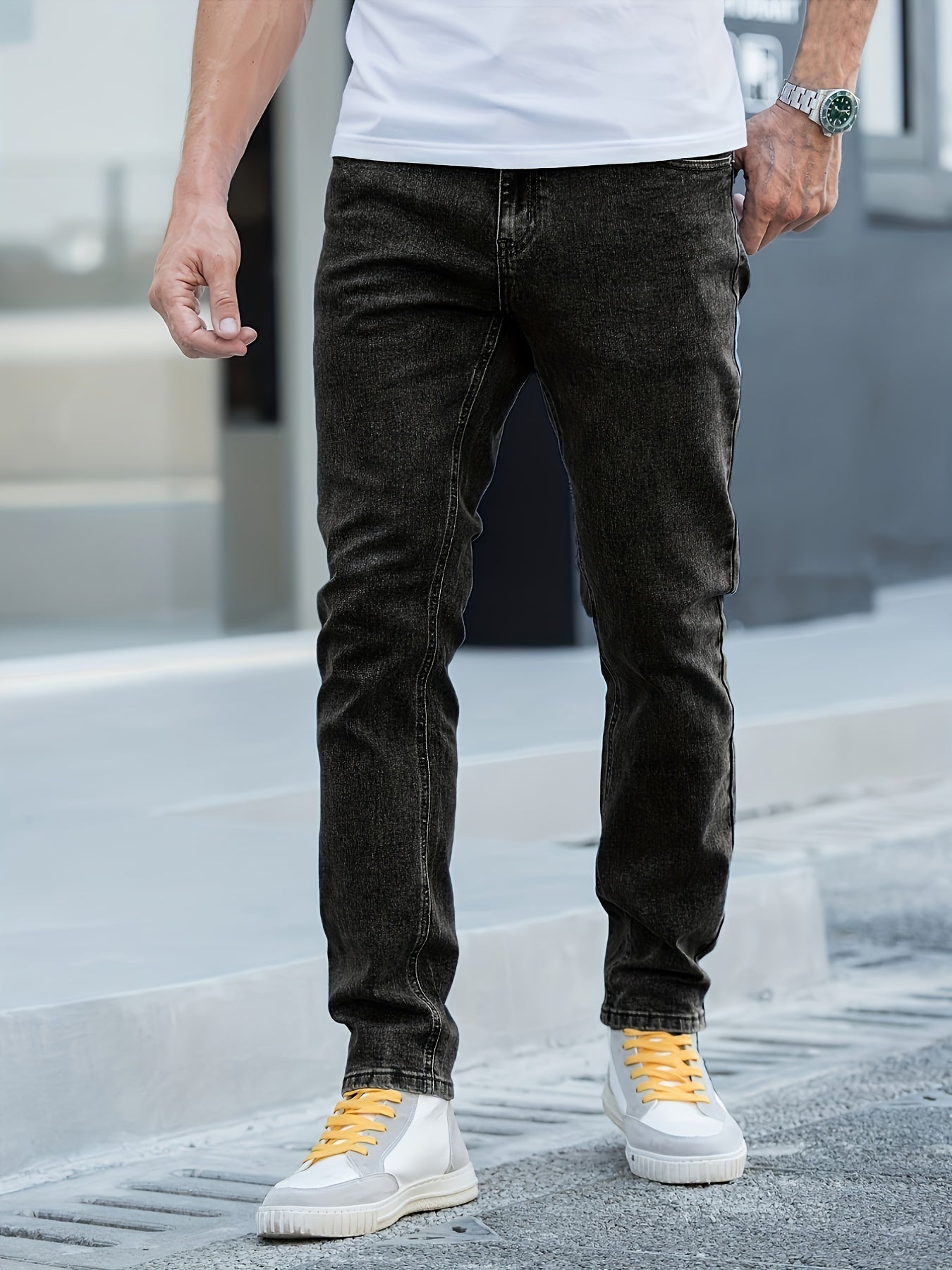 Men's Solid Mid Stretch Denim Pants For Spring Summer